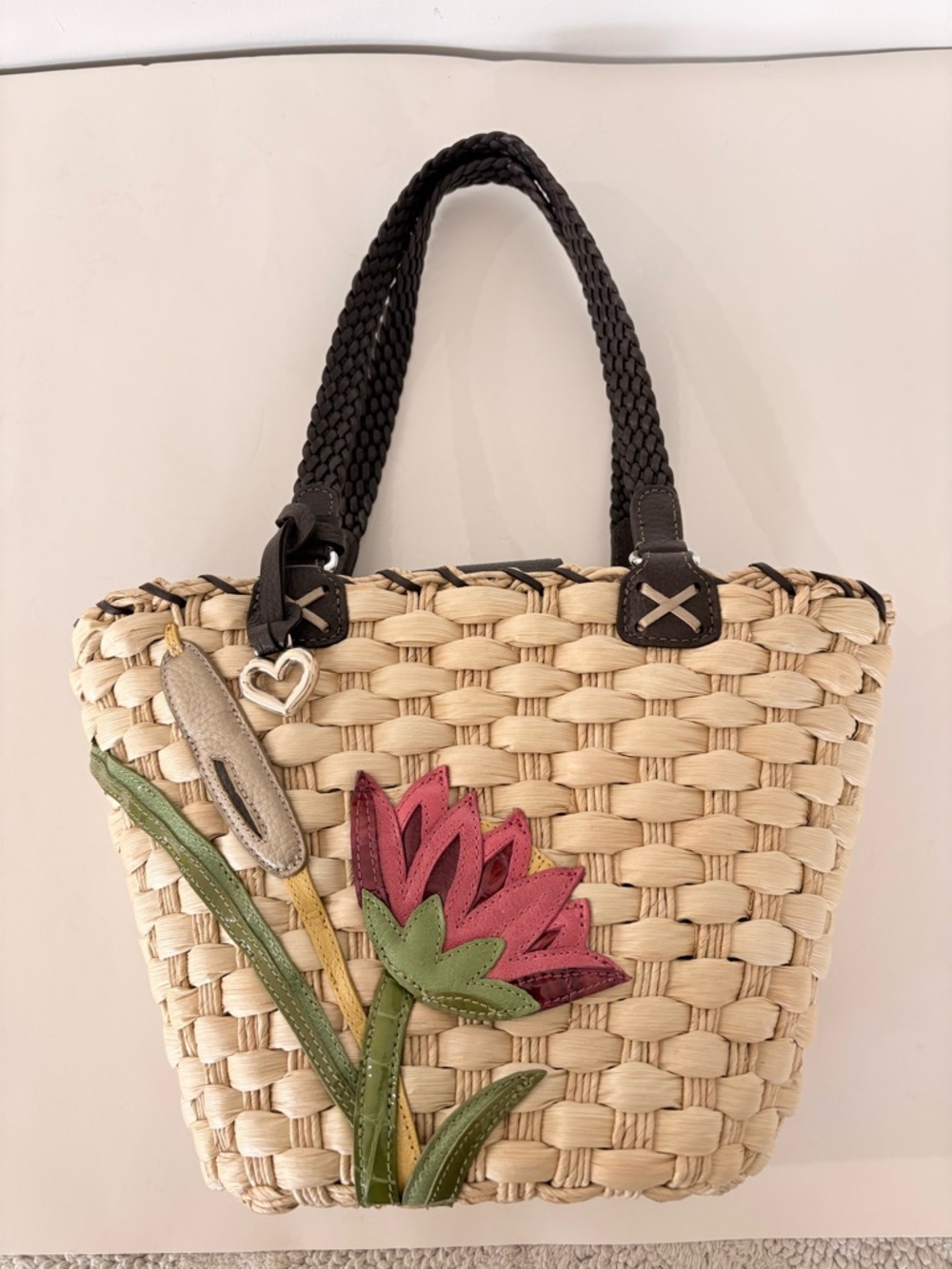 BRIGHTON Raffia Leather Floral Beach Tote Bag Coastal Vacay Natural Vacation EUC - Picture 15 of 16